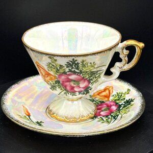 Vintage ENESCO August Poppy Iridescent Gold Leaf Pedestal Teacup Saucer Set